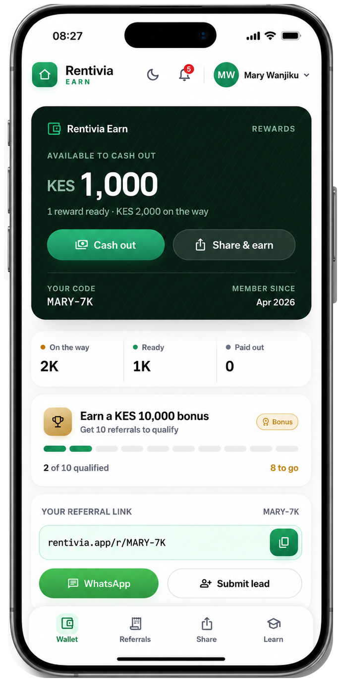 Rentivia Earn referral wallet and milestone progress
