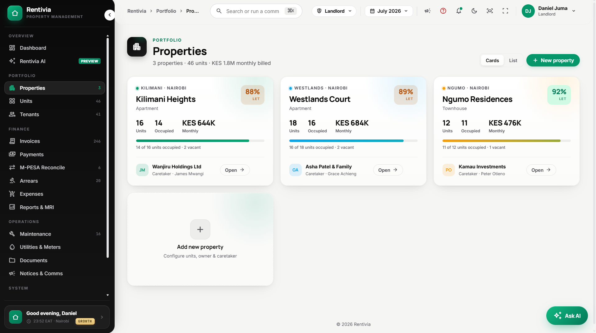 Rentivia property portfolio screen