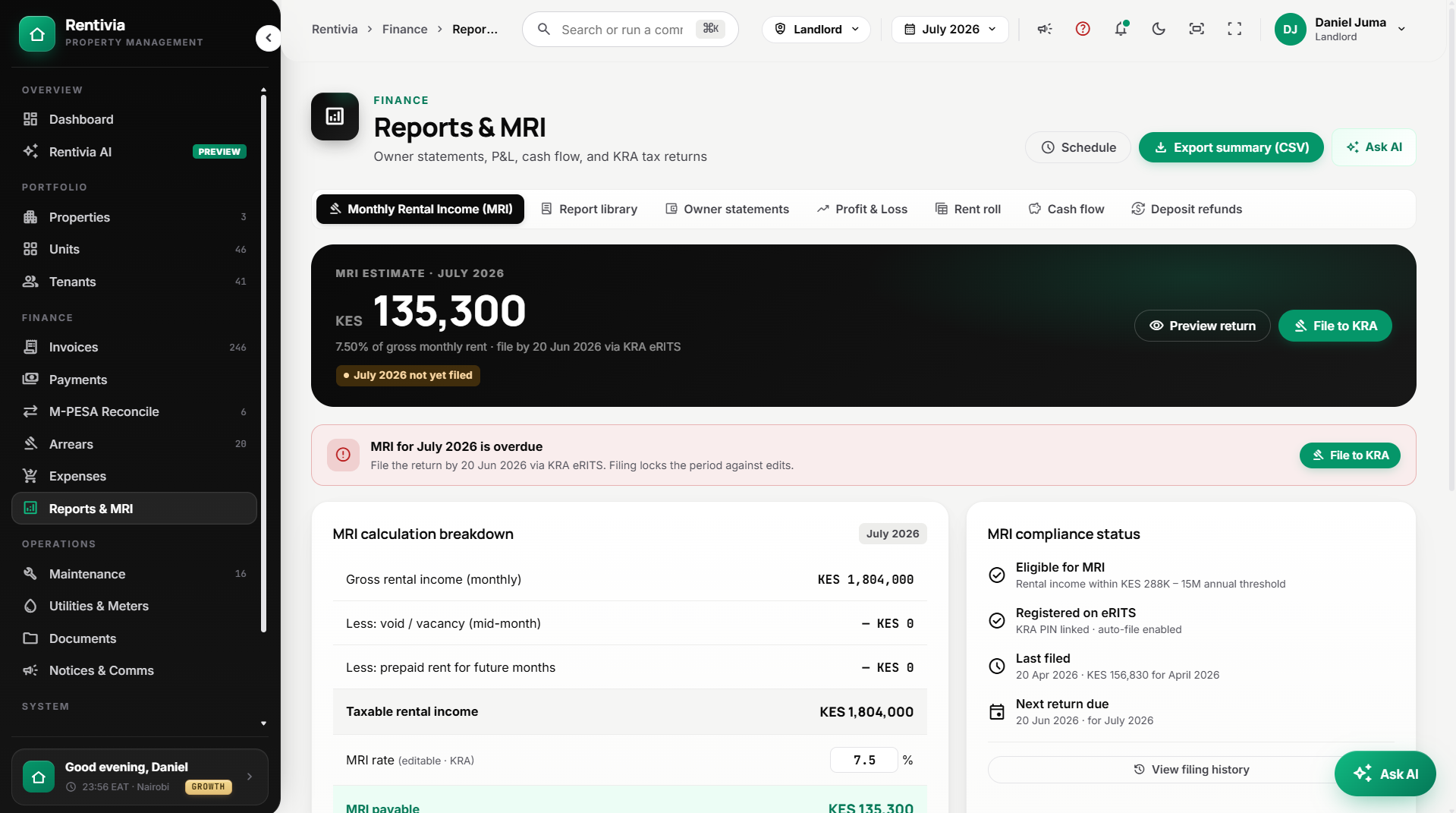 Rentivia reports and monthly rental income screen