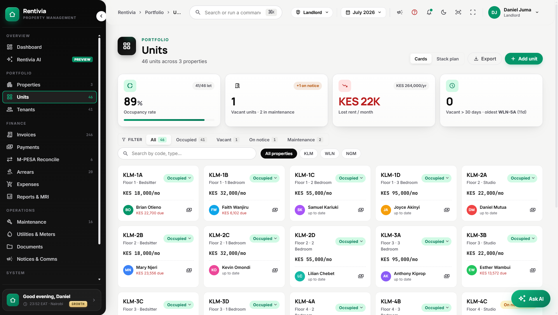 Rentivia unit management screen